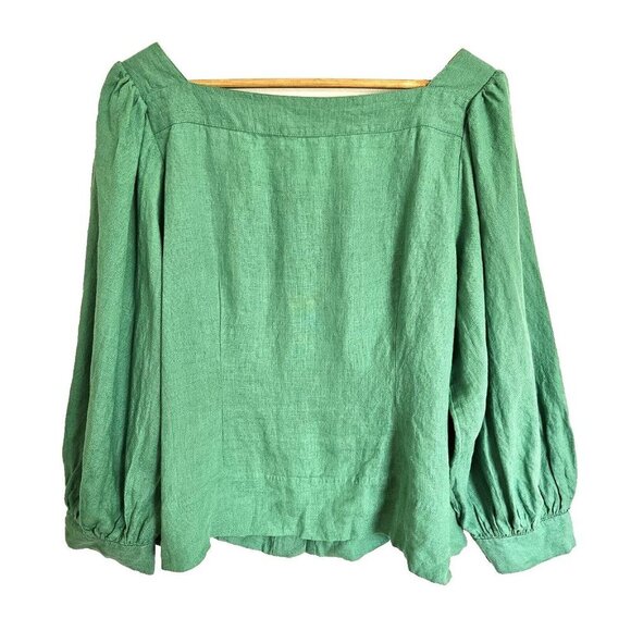 J.Crew 100% Linen Blouse Square Neck Balloon Sleeve Button Front Green Size XL - Picture 3 of 12
